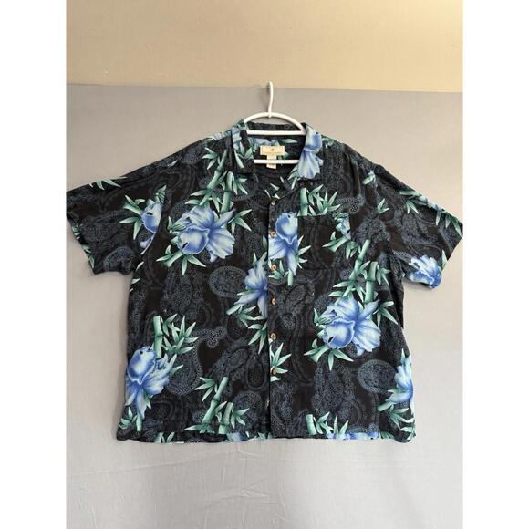 Paradise Collection Blue Paisley Floral Silk Hawaiian Shirt Mens 2XL Wood Button - Picture 1 of 6